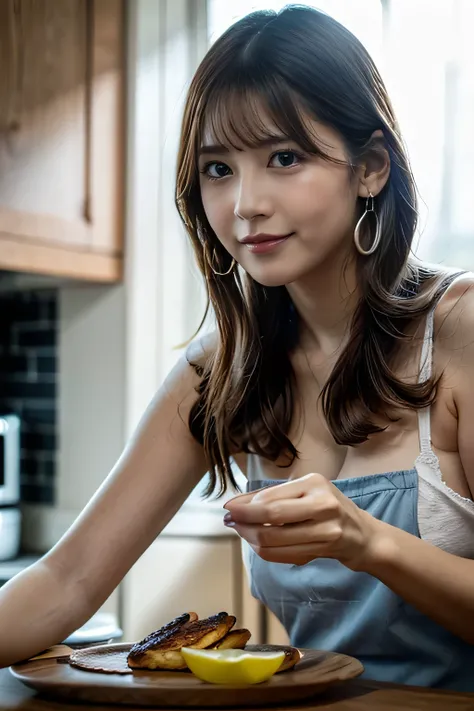   woman cooking breakfast in the kitchen、Looking back and smiling 、

 1girl , brown hair, medium hair, brown eyes, full body, simple background, white background, 

break , earrings、(whole body:1.3)、

、 stylish hair 、 fluffy hair 、
 ( beautiful woman)， ( D...