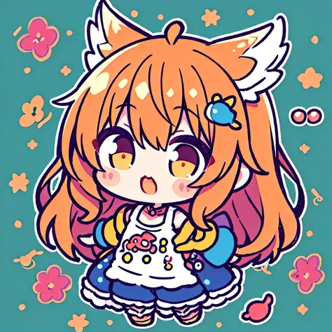 chibi,solo, upperbody, orange frizzy shoulder length hari, bangs, cute s clothes,(with cute rooster),(manga style), (sketch), (illustration), master piece, best quality,