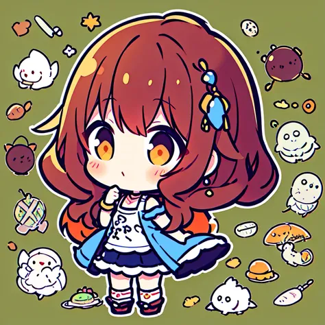 chibi,solo, upperbody, orange frizzy shoulder length hari, bangs, cute s clothes,(with cute rooster),(manga style), (sketch), (illustration), master piece, best quality,