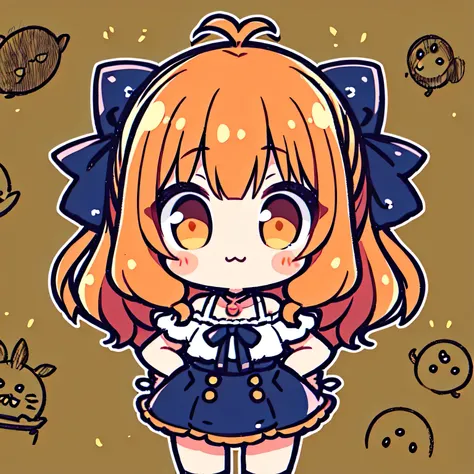 chibi,solo, upperbody, orange frizzy shoulder length hari, bangs, cute s clothes,(かわいい鶏たち),(manga style), (sketch), (illustration), master piece, best quality,