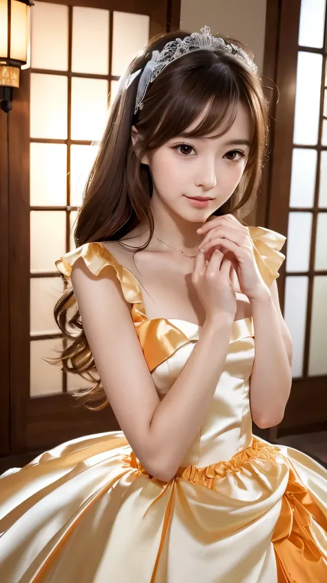 (((Top Quality))), (((Masterpiece))), (((Detail))), tall, looking at camera, face-to-face, orange shiny silk satin ruffle girly empire length wedding dress, hands thrust forward, Japanese, brown hair, long hair, gorgeous room,. Gorgeous ribbon hair accesso...