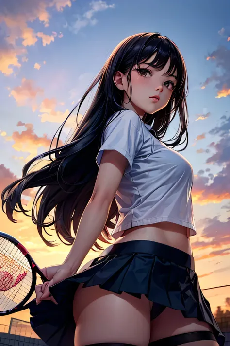  A graceful young lady with long, straight long black hair and a calm,(Tennis wear),(((photo taken from below))),(((mini skirt))),(panty shot),Upper body only,tits