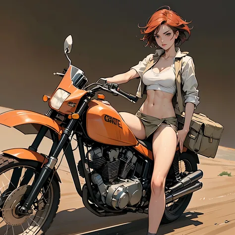 nsfw, (sketch, traditional media:1.2), very long shot, perfect anatomy proportion body,  action,  dynamic composition with a sense of speed and dynamism, (Ride an old off-road motorcycle:1.6), perfect anatomy hands,  a woman with sex appeal, 40age, perfect...