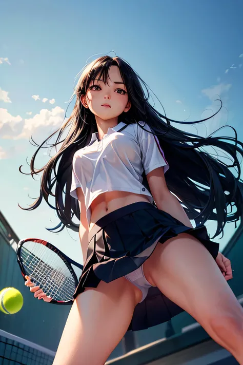  A graceful young lady with long, straight long black hair and a calm,(Tennis wear),(((photo taken from below))),(((mini skirt))),(panty shot),Upper body only,tits