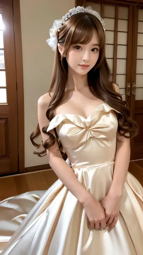 (((Top Quality))), (((Masterpiece))), (((Detail))), tall, looking at camera, face-to-face, orange shiny silk satin ruffle girly empire length wedding dress, hands thrust forward, Japanese, brown hair, long hair, gorgeous room,. Gorgeous ribbon hair accesso...