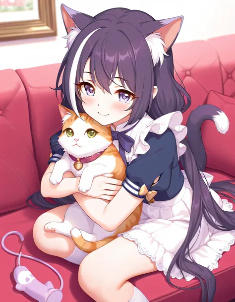 {{{masterpiece}}}, {{{best quality}}}, {{ultra-detailed}}, {illustration}, {{an extremely delicate and beautiful}}、In Princess Connect Style、Kokoro、Sofa、Playing with cats、Cat toy、smile、beautiful detailed eyes、