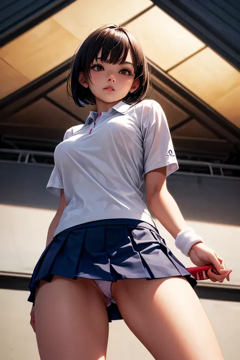 A sophisticated and intelligent young lady with sleek, dark ash bob hair and sharp,(Tennis wear),(((photo taken from below))),(((mini skirt))),(panty shot),Upper body only,tits