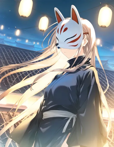 1girl, ninja, small breasts, fox mask, night, rooftop, wind, game CG, break,(artist:mitsumi_misato),artist:fujiyama,artist:kokonoka, break,(masterpiece), (best quality), (ultra-detailed),(Detailed Lighting), very aesthetic, newest, inematic lighting