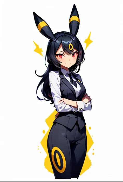 A girl with red eyes, Umbreon ears with a horizontal yellow stripe in the middle, jet-black hair with pixie cut and seductive smile , wearing a black business suit , White shirt, black pants, black jacket and pastel pink tie , Everything fits the body...