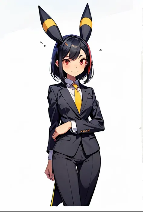 A girl with red eyes, Umbreon ears with a horizontal yellow stripe in the middle, jet-black hair with pixie cut and seductive smile , wearing a black business suit , White shirt, black pants, black jacket and pastel pink tie , Everything fits the body...