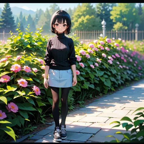 ( high quality,  high resolution, Very detailed, reality:1.37), Peaceful atmosphere, (Outdoors, garden),  age girl standing alone, (My breasts are small.), Beautiful details,  cute smile, (Black Bob), Ribbed sweater,  denim skirt,  black tights,  sneakers.