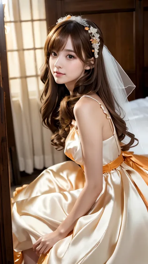 (((Top Quality))), (((Masterpiece))), (((Detail))), tall, looking at camera, face-to-face, orange shiny silk satin ruffle girly empire length wedding dress, hands thrust forward, Japanese, brown hair, long hair, gorgeous room,. Gorgeous ribbon hair accesso...