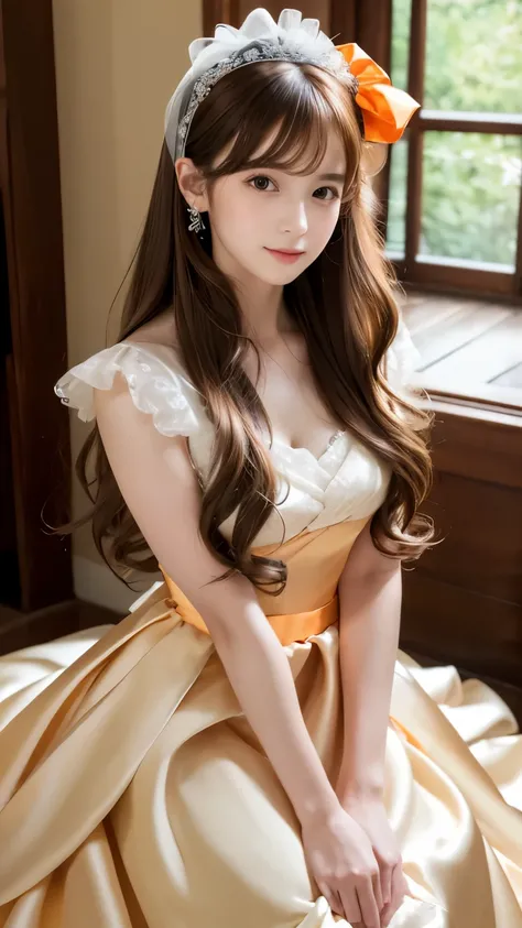 (((Top Quality))), (((Masterpiece))), (((Detail))), tall, looking at camera, face-to-face, orange shiny silk satin ruffle girly empire length wedding dress, hands thrust forward, Japanese, brown hair, long hair, gorgeous room,. Gorgeous ribbon hair accesso...