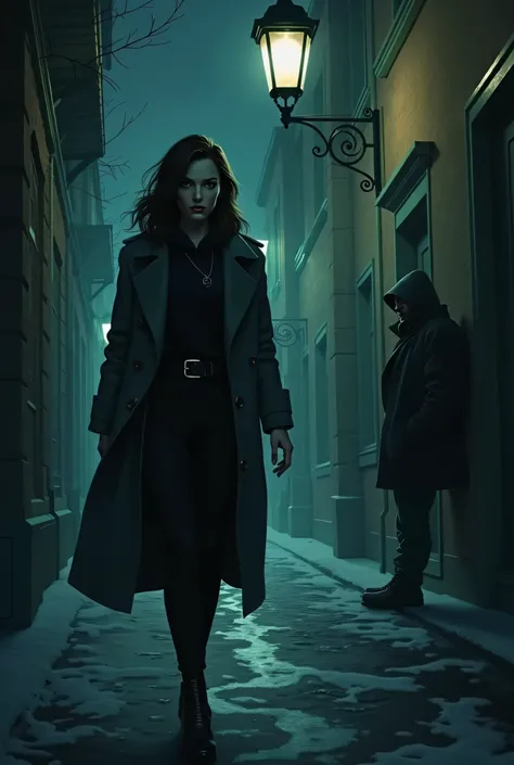 illustrations on the theme of female detectives, victim and killer, stalker, a woman walks along the street of St. Petersburg, she is being pursued by a maniac, night, lantern light, in the distance a man leaning against the wall of a house is watching her