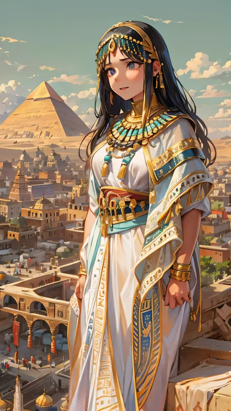  in high definition， Landscape、A market unique to the Middle East in a slightly older era, mall,  long haired girl in Egyptian costume 、Background of the market on the hill with a view of the pyramids。