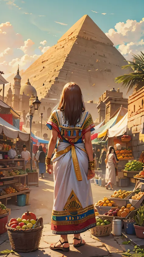  in high definition， Landscape、A market unique to the Middle East in a slightly older era, mall,  long haired girl in Egyptian costume 、Background of the market on the hill with a view of the pyramids。