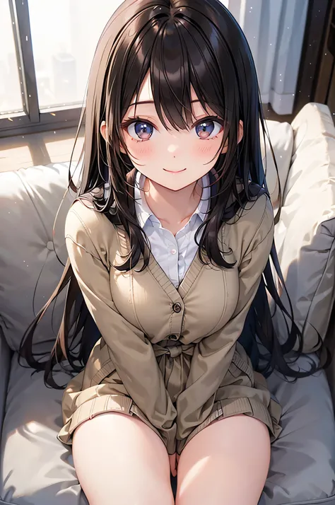  adult woman,  alone,  sexy, 8k resolution,(( top quality)),  Ultra High Resolution, ( shy smile ), (black eyes),  beautiful symmetrical face  , ( brown long hair), pink cardigan, uniform skirt , knee-high socks, is present:1.4,( Masterpiece:1.2),  perfect...