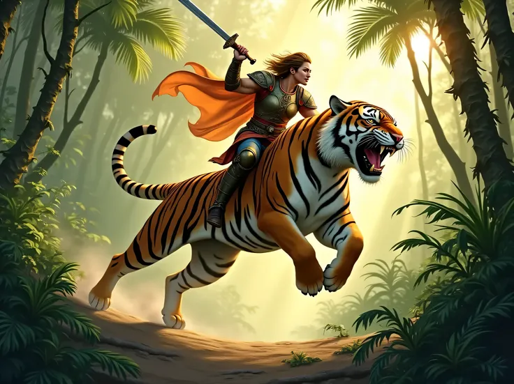 Make a picture of a jumping tiger being ridden by a brave hero with a jungle background