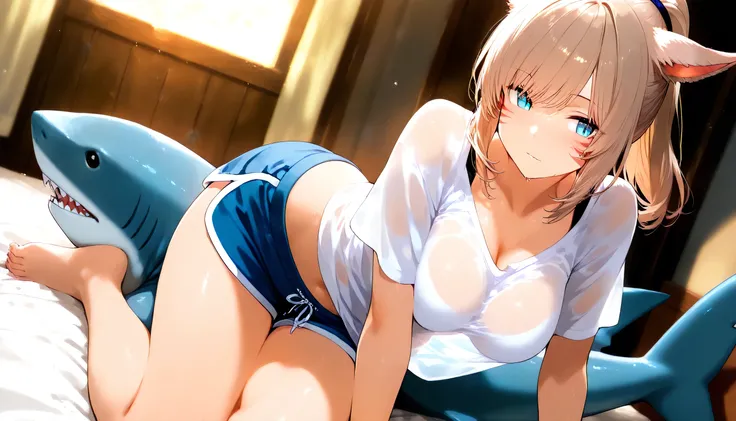 masterpiece,1girl, Light brown hair, Breasts, Miqo'te, PonyTail, SHARK shorts, Clothes are see-through