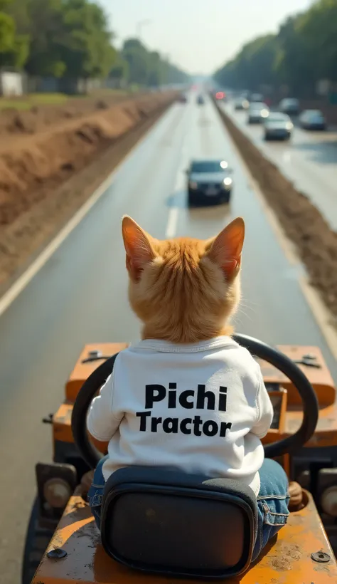 **Low angle, slow motion**: The camera angles up at a small, muddy kitten wearing oversized jeans and a white t-shirt labeled "Pichi Tractor" in black. The kitten sits in the driver's seat of a mini road roller, looking at the newly completed four-lane roa...