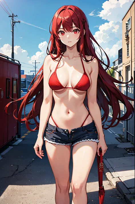 1woman, tall, long hair, red hair, red eyes, bikini top, shorts, standing on ground, high res, ultra sharp, 8K, masterpiece