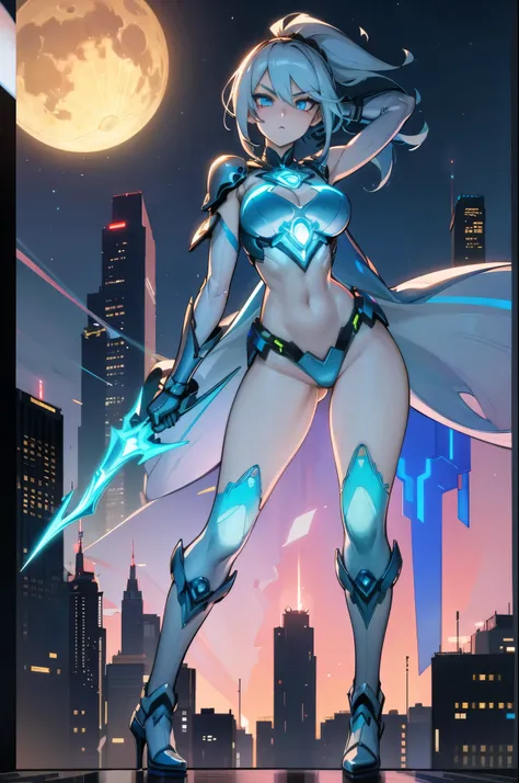 Cinderella stands as a bold and futuristic anime heroine in a shimmering cyberpunk warrior fusion suit. The suit is a stunning blend of metallic silver and sky blue, with glowing glass-like armor pieces on her shoulders, arms, and boots, evoking the feel o...
