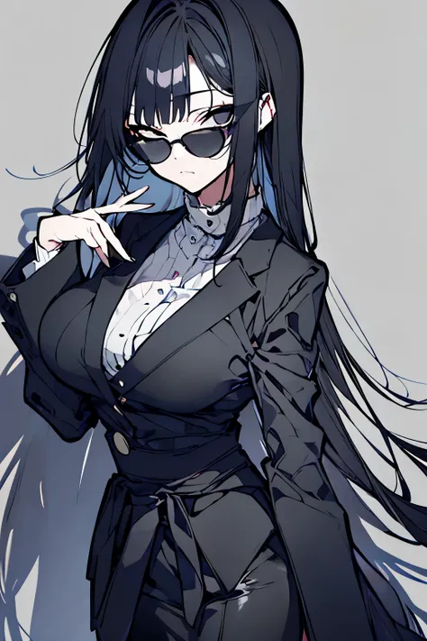 ( 1 girl)、16-year-old with gray hair 、Her chest size is C、(( wearing a black suit))、 has hair that stretches until it reaches her waist 、(( Japanese illustration style))、 anatomically correct、 wears sunglasses、(Standing portrait style)、 has a simple backgr...