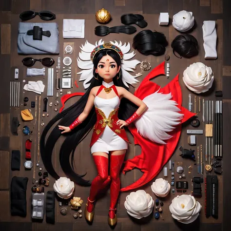 32 K（tmasterpiece，k hd，hyper H D，32 K）Long flowing black hair，ponds，z ydink， a color，  Asian people （Silly girl）， （Silk scarf）， Combat posture， looking at the ground， long whitr hair， Floating hair， Carp pattern headdress， Chinese long-sleeved clothing， （a...