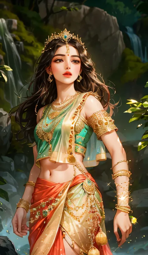 "Create an extremely beautiful Indian goddess only from backside body view with perfectly proportional features and a radiant, divine aura. She has long, flowing, wavy black hair that cascades gracefully down her back. Adorn her with traditional Indian orn...