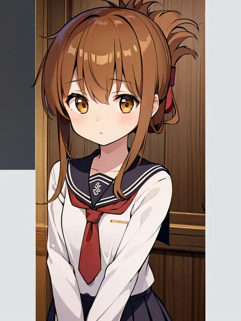 (masterpiece, best quality:1.2),illustration,8k,HD,1girl,solo,upper body,(portrait:1.2),brown_hair,folded_ponytail,brown_eyes,seraph,long_hair,school_uniform,skirt,pleated_skirt,(masterpiece, Highest quality:1.2),shape,8k,High resolution,1 Girl,alone,brown...