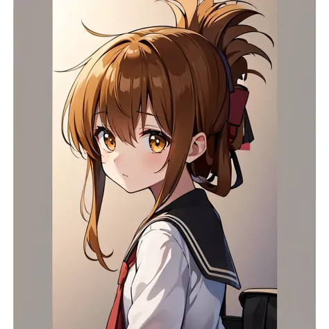 (masterpiece, best quality:1.2),illustration,8k,HD,1girl,solo,upper body,(portrait:1.2),brown_hair,folded_ponytail,brown_eyes,seraph,long_hair,school_uniform,skirt,pleated_skirt,(masterpiece, Highest quality:1.2),shape,8k,High resolution,1 Girl,alone,brown...