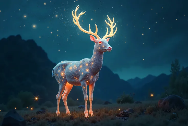  A surreal alien deer with luminous antlers made of glowing constellations, standing in a mystical landscape. Its body shimmers like the night sky, and stars twinkle around it, blending nature and the cosmos.