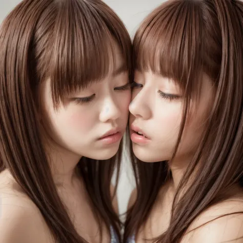 「 twin sisters exchanging sweet kisses in a futuristic studio setup。Twin sisters exchanging sweet kisses in a futuristic studio setup where one is leaning against the other's forehead and their eyes are closed 。Metallic silver background highlights modern ...