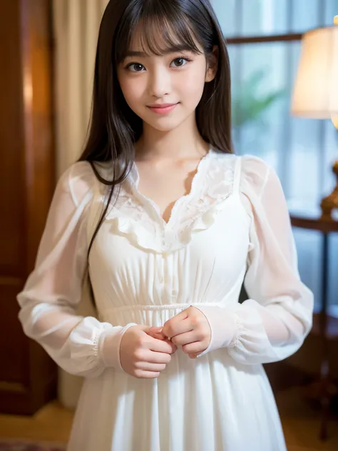 (Best quality, Masterpiece, Ultra High Resolution, (Photorealistic:1.4), Raw Photo, depth of field, professional lighting), (at luxury hotel suite), (((wide angle))), 1girl, 15-years-old, the most famous Japanese idol, (((standing))), looking at viewer, ((...