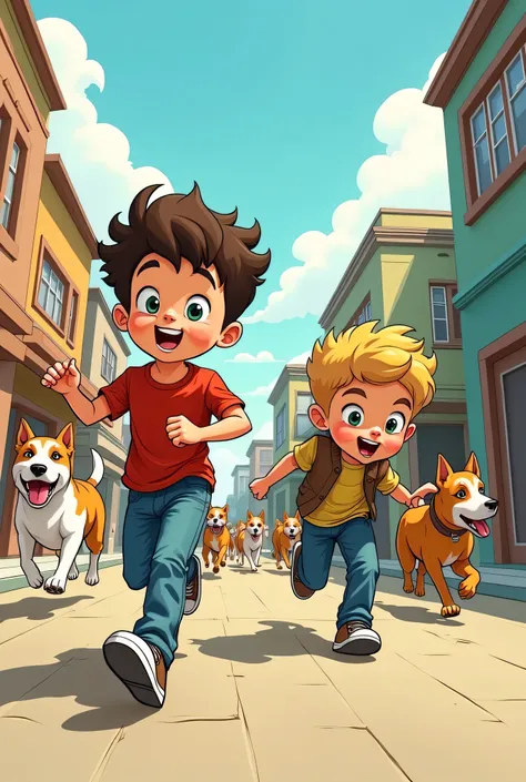 create me a cartoon that has two character both boy they are escaping from a group of dogs