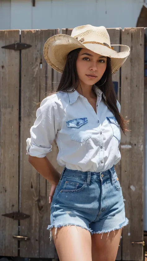 arafed woman in a cowboy hat and denim shorts poses for a photo, western clothing, western cowgirl, cowgirl, female cowgirl, isabela moner, cowboy style, cow-girl, wearing a white button up shirt, white shirt and jeans, white shirt and blue jeans, white co...