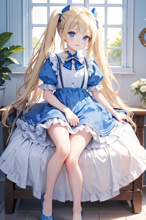 (8K,  highest quality , Tabletop:1.2)、 ultra high resolution ,  perfect fingers ,  detailed face, Blue eyes, blonde,  twin pigtails ,  blue dress,   inside the castle ,  full body