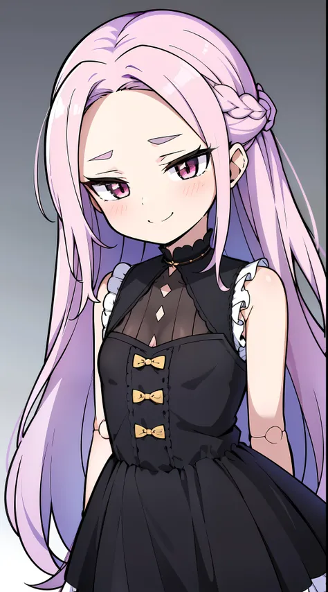 masterpiece, best quality, sharp focus, absurdres, 1girl, solo, fantasy, light purple hair, very long hair, curly hair, french braid, single sidelock, forehead, red eyes, pink eyes, detailed eyes, medium breasts, breasts, young girl, smirk, small smile, ev...