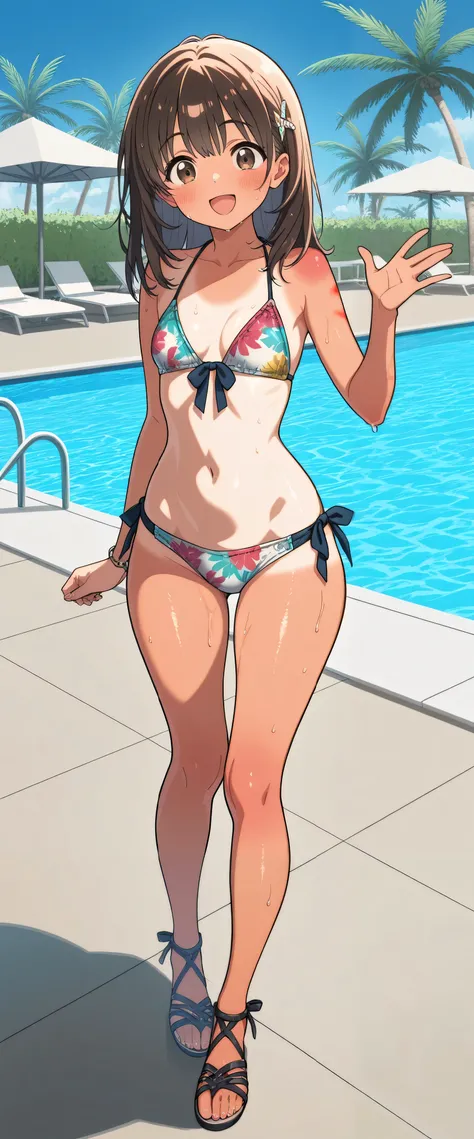 (Masterpiece),  top quality, , Perfect face, 1 girl,dawn,, small breasts, wide hips,  thin waist, (セクシーな女の子), Multi Colored Bikinis , sexy bikini , With ribbon,Patterned Swimsuit , salon, Heeled Sandals,  good_feet, blanking,smile,Swimsuit model, standing,...