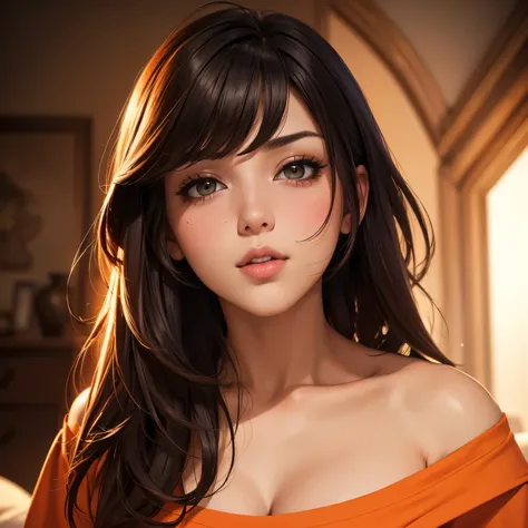 Amazing portrait of a sexy and cute girl with a short bob hairstyle and a seductive gaze who is blushing intensely with parted lips and is desperate and flustered and lustful wearing an off shoulder orange t shirt showcasing her bare shoulder while lying o...