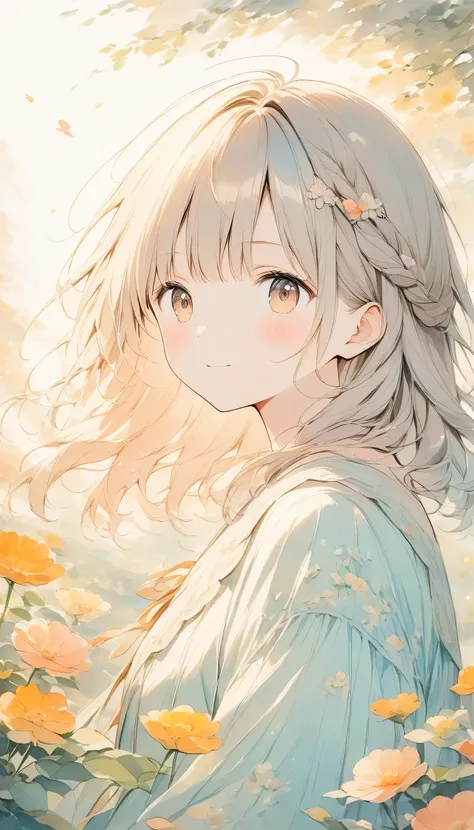 pale colour、watercolor painting,2.5D,#SDXL、One Girl,cute、Soft color artwork、Warm, antique colors