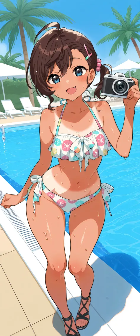 (Masterpiece),  top quality, , Perfect face, 1 girl,dawn,,, wide hips,  thin waist, (セクシーな女の子), Multi Colored Bikinis , sexy bikini , With ribbon,Patterned Swimsuit , salon, Heeled Sandals,  good_feet, blanking,smile,Swimsuit model, standing, feetを開いて, wet...