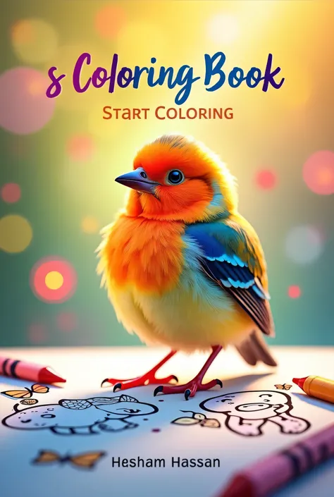 A mesmerizing close-up portrait of a gorgeous little bird illuminated by the soft, golden light of a tranquil morning, with vibrant bokeh balls gently framing its delicate formCreate a book cover for the title "s Coloring Book". The background should be br...