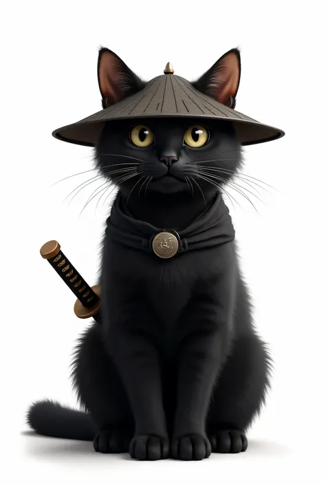  A realistic-looking black cat ,  with detailed and well-defined fur ,  with a soft and shiny texture . The cat is standing on all fours,  with a firm and elegant posture ,  conveying confidence and power . On his back,  wears a katana secured with a strap...