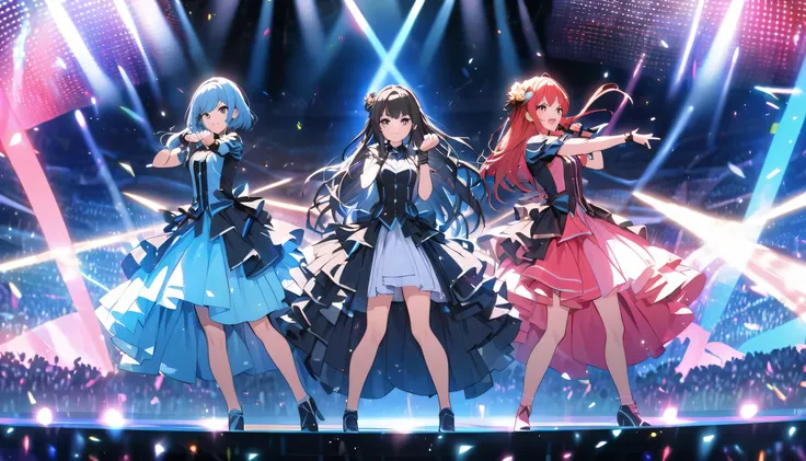 Three female idols standing together on a grand concert stage, striking a confident and synchronized pose. The red-haired idol stands energetically in the center, the blue-haired idol poses with a cool and collected stance, and the black-haired idol smiles...