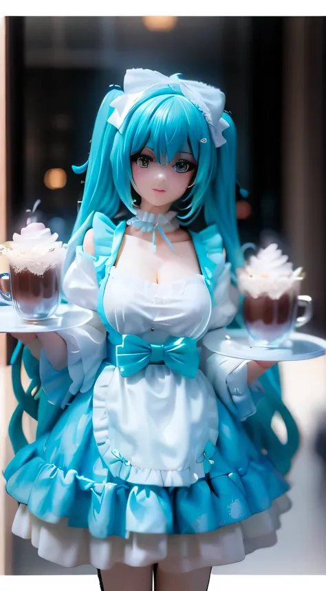 Luminous, bright-looking picture, maid, beautiful woman, black pigtail hair, wearing a satin fabric maid outfit, carrying a tray with coffee on it, maid cafe