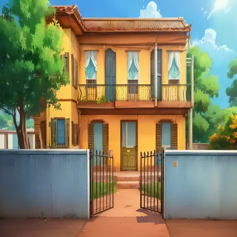 cartoon house with a gate and a fence in front of it, style of madhouse studio anime, anime background art, house background, random background scene, anime background, style of madhouse anime, town background, background art, painted in anime painter stud...