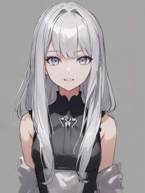 (One girl, silver medium hair, Slope_Eye ),  from the front, bangs, sleeveless, Jagged teeth, simple background, upper body, 
masterpiece, Super Detail, Attention to detail, high quality, most high quality, High resolution, (Sketch,)