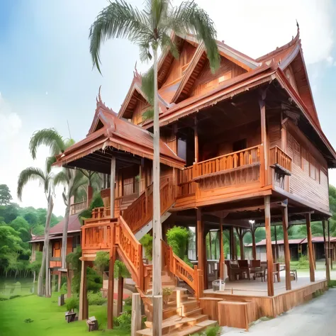 arafed wooden house with a porch and a staircase leading to a second floor, peaceful wooden mansion, luxurious wooden cottage, thai architecture, wooden house, patiphan sottiwilaiphong, wooden cottage, beatiful house, wonderful masterpiece, vivid and detai...