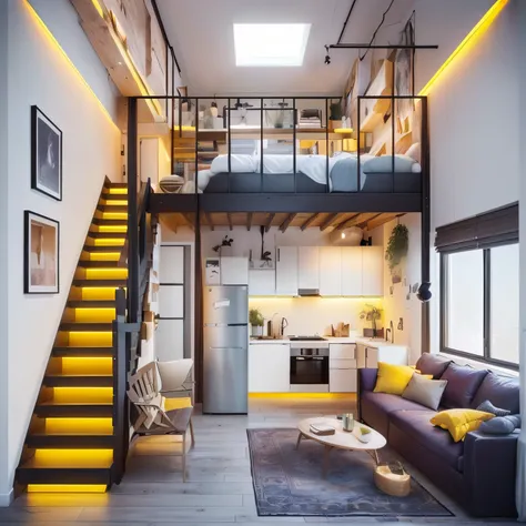 a living room with a lofted bed and a couch, picture of an interior loft, interior of a loft, picture of a loft in morning, modern interior design, extremely luminous bright design, apartment design, interior design, popular interior design style, designed...